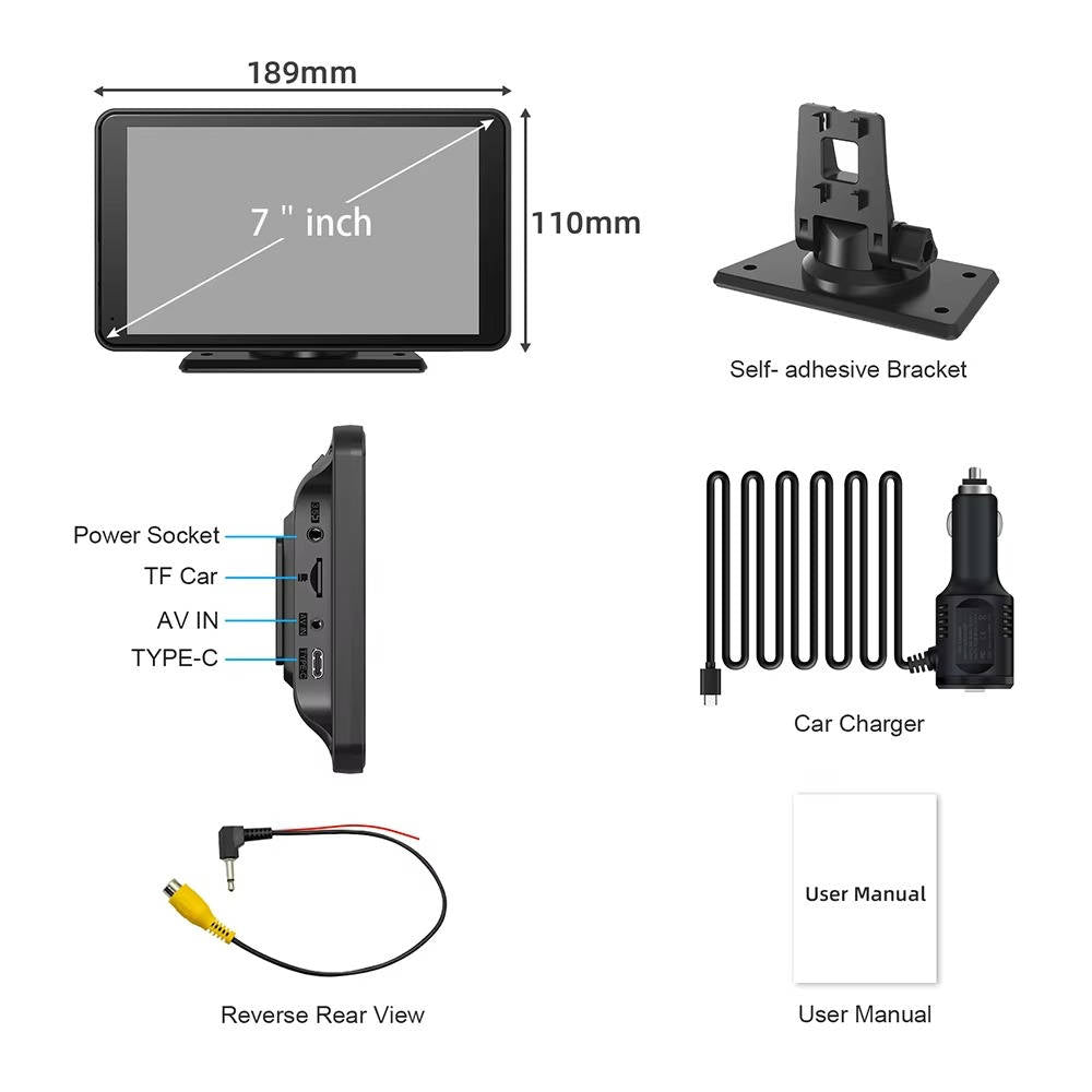Olyyra - 7-Inch Wireless CarPlay Screen – Touchscreen, iPhone & Android Compatible, Voice Control, FM Transmitter, Rear Camera Input | Portable Dash Display for Cars, Trucks & SUVs