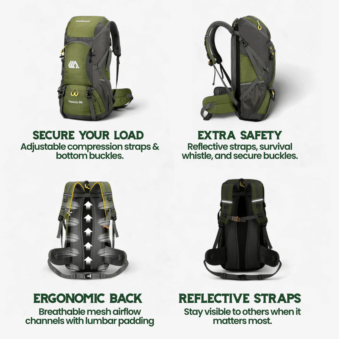 Olyyra TrailPro 50L Hiking Backpack – Breathable Back Support, Reflective Safety Straps & Dedicated Shoe Compartment for Multi-Day Trekking