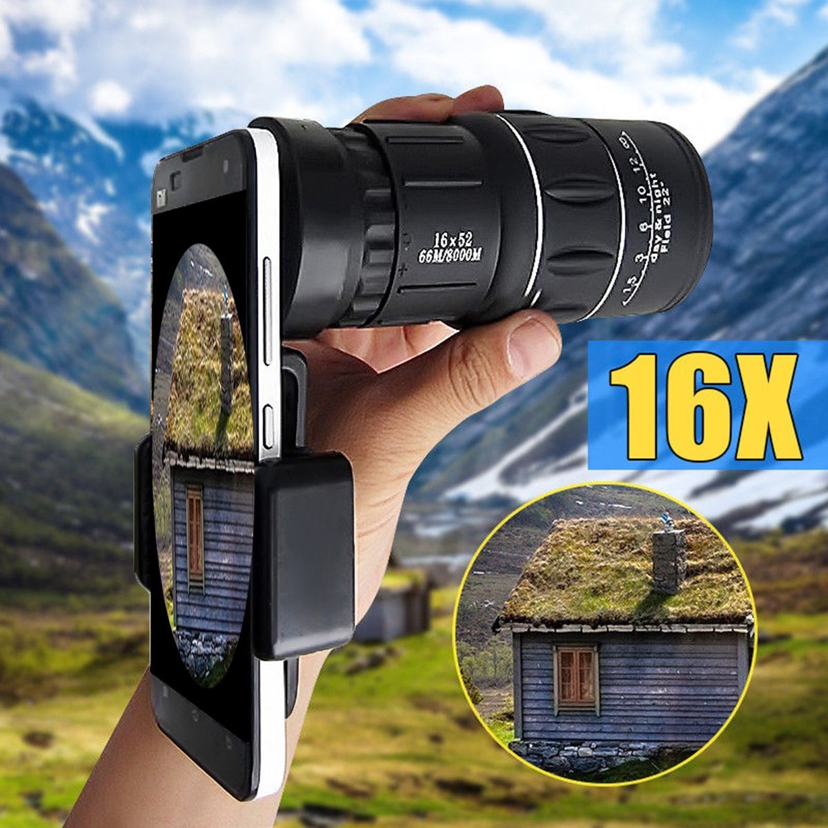 Olyyra 16x52 HD Monocular Binocular Camera – 10x Magnification, BAK4 Prism, Photo & Video Capture for Wildlife, Hiking & Travel