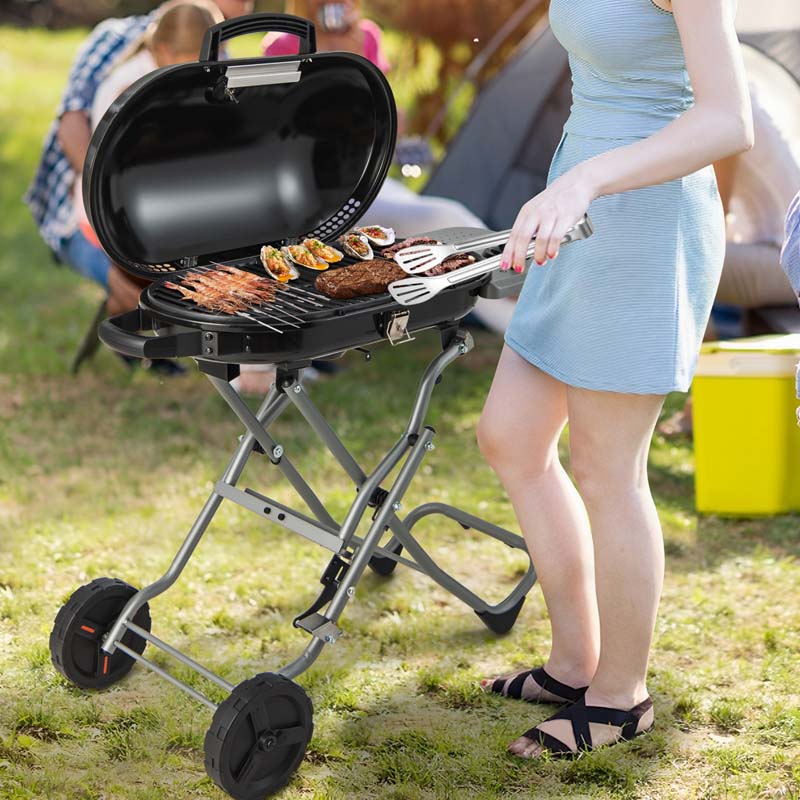 Olyyra Portable Propane Gas Grill – 15,000 BTU Adjustable Burner, Cast Iron Grates, Enamel Firebox, Built-In Thermometer | Camping, Tailgating & Outdoor BBQ