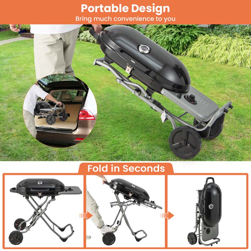 Olyyra Portable Propane Gas Grill – 15,000 BTU Adjustable Burner, Cast Iron Grates, Enamel Firebox, Built-In Thermometer | Camping, Tailgating & Outdoor BBQ