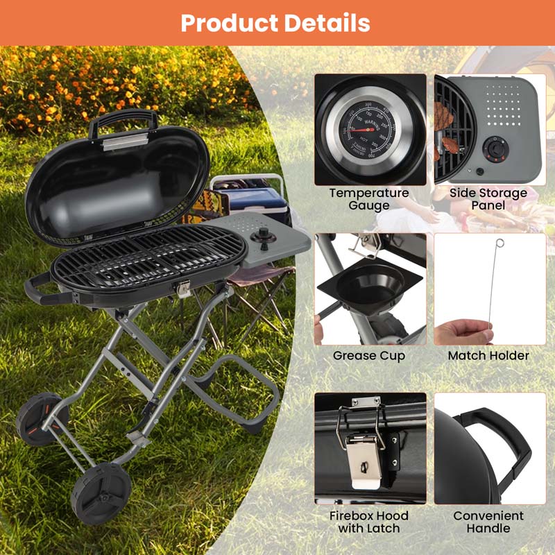Olyyra Portable Propane Gas Grill – 15,000 BTU Adjustable Burner, Cast Iron Grates, Enamel Firebox, Built-In Thermometer | Camping, Tailgating & Outdoor BBQ
