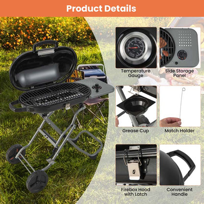 Olyyra Portable Propane Gas Grill – 15,000 BTU Adjustable Burner, Cast Iron Grates, Enamel Firebox, Built-In Thermometer | Camping, Tailgating & Outdoor BBQ