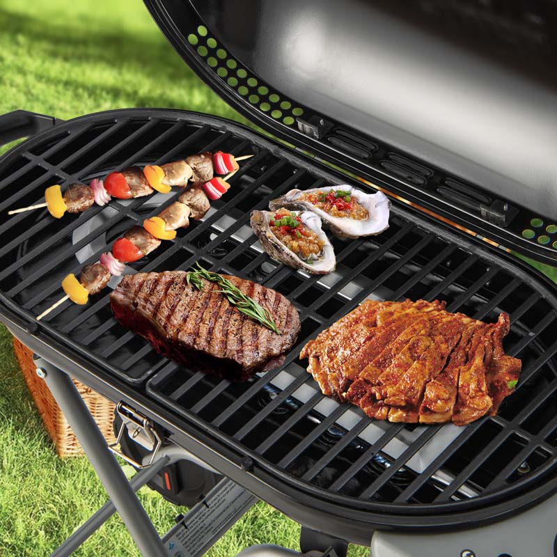 Olyyra Portable Propane Gas Grill – 15,000 BTU Adjustable Burner, Cast Iron Grates, Enamel Firebox, Built-In Thermometer | Camping, Tailgating & Outdoor BBQ
