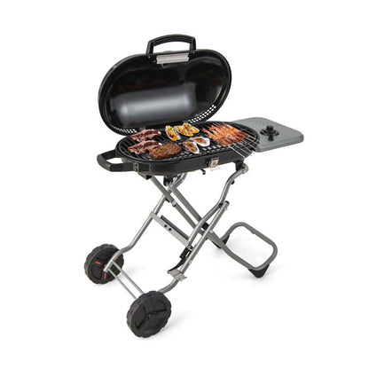 Olyyra Portable Propane Gas Grill – 15,000 BTU Adjustable Burner, Cast Iron Grates, Enamel Firebox, Built-In Thermometer | Camping, Tailgating & Outdoor BBQ