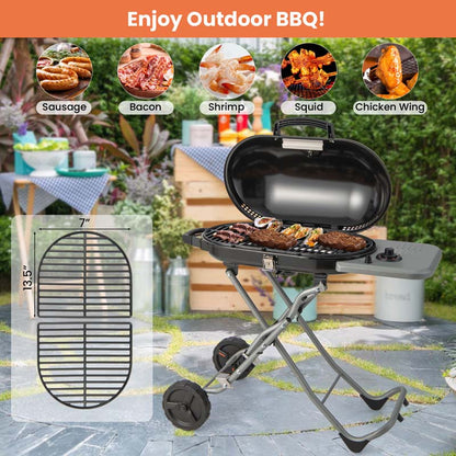 Olyyra Portable Propane Gas Grill – 15,000 BTU Adjustable Burner, Cast Iron Grates, Enamel Firebox, Built-In Thermometer | Camping, Tailgating & Outdoor BBQ