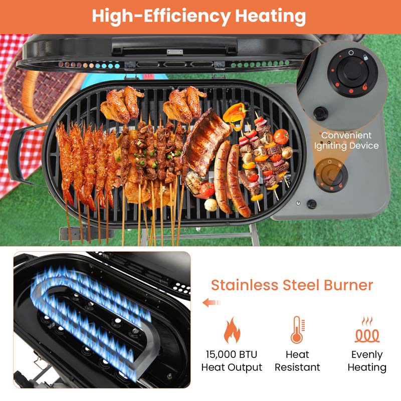 Olyyra Portable Propane Gas Grill – 15,000 BTU Adjustable Burner, Cast Iron Grates, Enamel Firebox, Built-In Thermometer | Camping, Tailgating & Outdoor BBQ