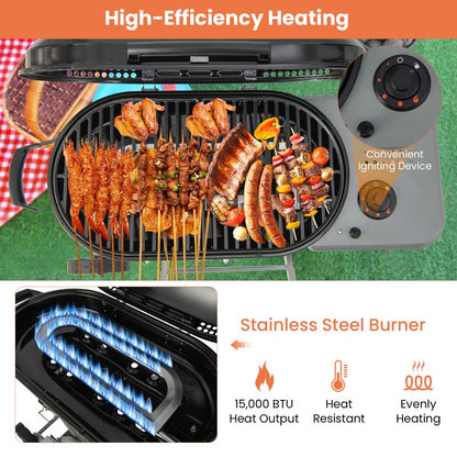 Olyyra Portable Propane Gas Grill – 15,000 BTU Adjustable Burner, Cast Iron Grates, Enamel Firebox, Built-In Thermometer | Camping, Tailgating & Outdoor BBQ