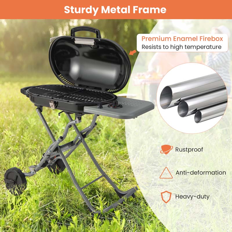 Olyyra Portable Propane Gas Grill – 15,000 BTU Adjustable Burner, Cast Iron Grates, Enamel Firebox, Built-In Thermometer | Camping, Tailgating & Outdoor BBQ