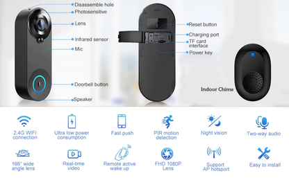 Olyyra Wireless WiFi Video Doorbell – 1080p HD, 166° Wide Angle, PIR Motion Detection, 4400mAh 3-Month Battery, Two-Way Audio, Tuya App | Wired-Free Smart Home Security