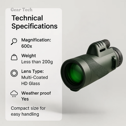 600x Ultra-Zoom HD Monocular Telescope – Multi-Coated HD Glass, Smartphone Attachment, Weatherproof & Shockproof, Under 200g | Hiking, Birdwatching, Sports Events & Wildlife Viewing