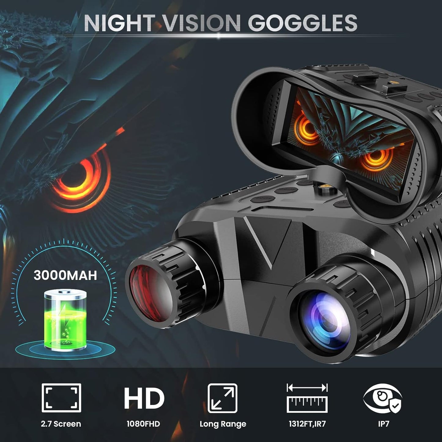 Olyyra 3D Night Vision Goggles Binoculars – 1.3MP Starlight Sensor, 400m Range, Dual 1.3" HD Screens, 8x Zoom, IP54 Waterproof, 3000mAh | Hunting, Wildlife & Night Adventure
