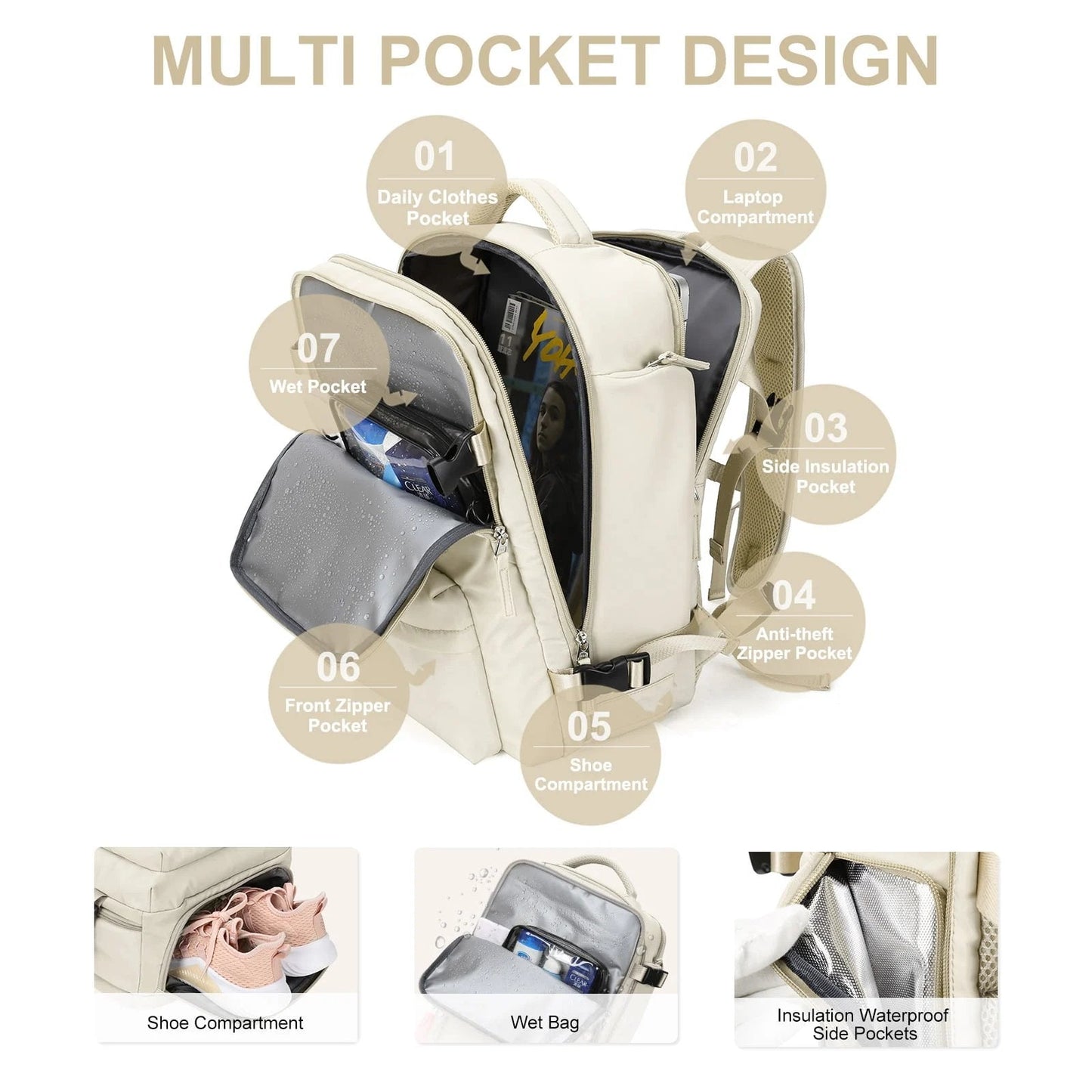 Olyyra Women's 35L Waterproof Travel Backpack – Anti-Theft Hidden Pocket, USB Charging Port, Dual Laptop Compartments, Shoe & Wet Clothes Separation | Hiking, Travel & Daily Use