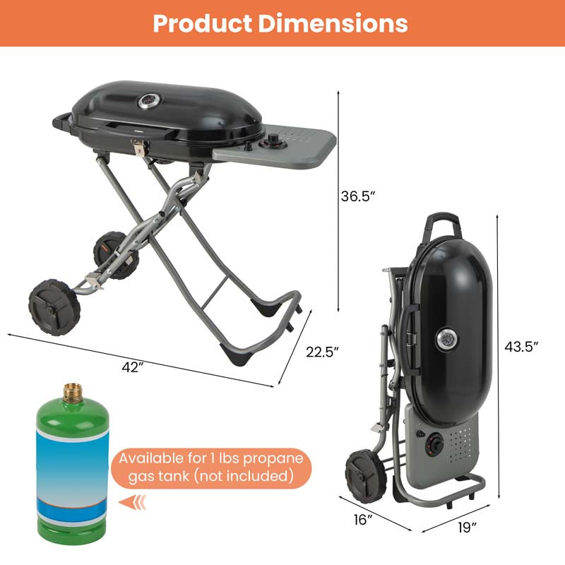 Olyyra Portable Propane Gas Grill – 15,000 BTU Adjustable Burner, Cast Iron Grates, Enamel Firebox, Built-In Thermometer | Camping, Tailgating & Outdoor BBQ