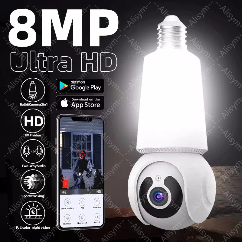 Olyyra Smart Bulb Security Camera – 8MP HD, 360° PTZ, AI Motion Tracking, IR Night Vision, Two-Way Audio & 128GB Storage in E27 Plug-In Design