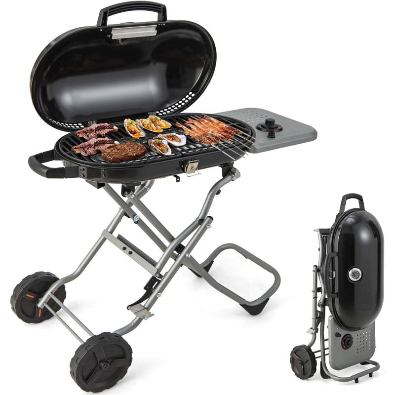 Olyyra Portable Propane Gas Grill – 15,000 BTU Adjustable Burner, Cast Iron Grates, Enamel Firebox, Built-In Thermometer | Camping, Tailgating & Outdoor BBQ