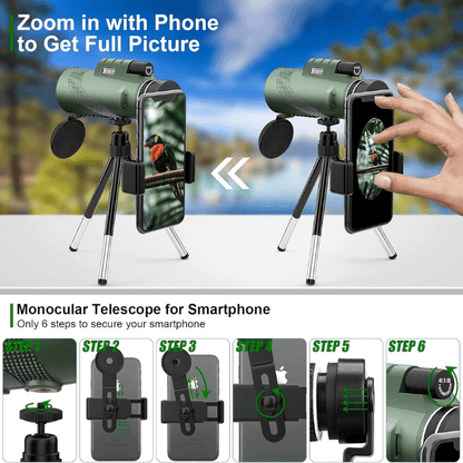 600x Ultra-Zoom HD Monocular Telescope – Multi-Coated HD Glass, Smartphone Attachment, Weatherproof & Shockproof, Under 200g | Hiking, Birdwatching, Sports Events & Wildlife Viewing