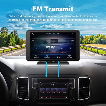 Olyyra - 7-Inch Wireless CarPlay Screen – Touchscreen, iPhone & Android Compatible, Voice Control, FM Transmitter, Rear Camera Input | Portable Dash Display for Cars, Trucks & SUVs