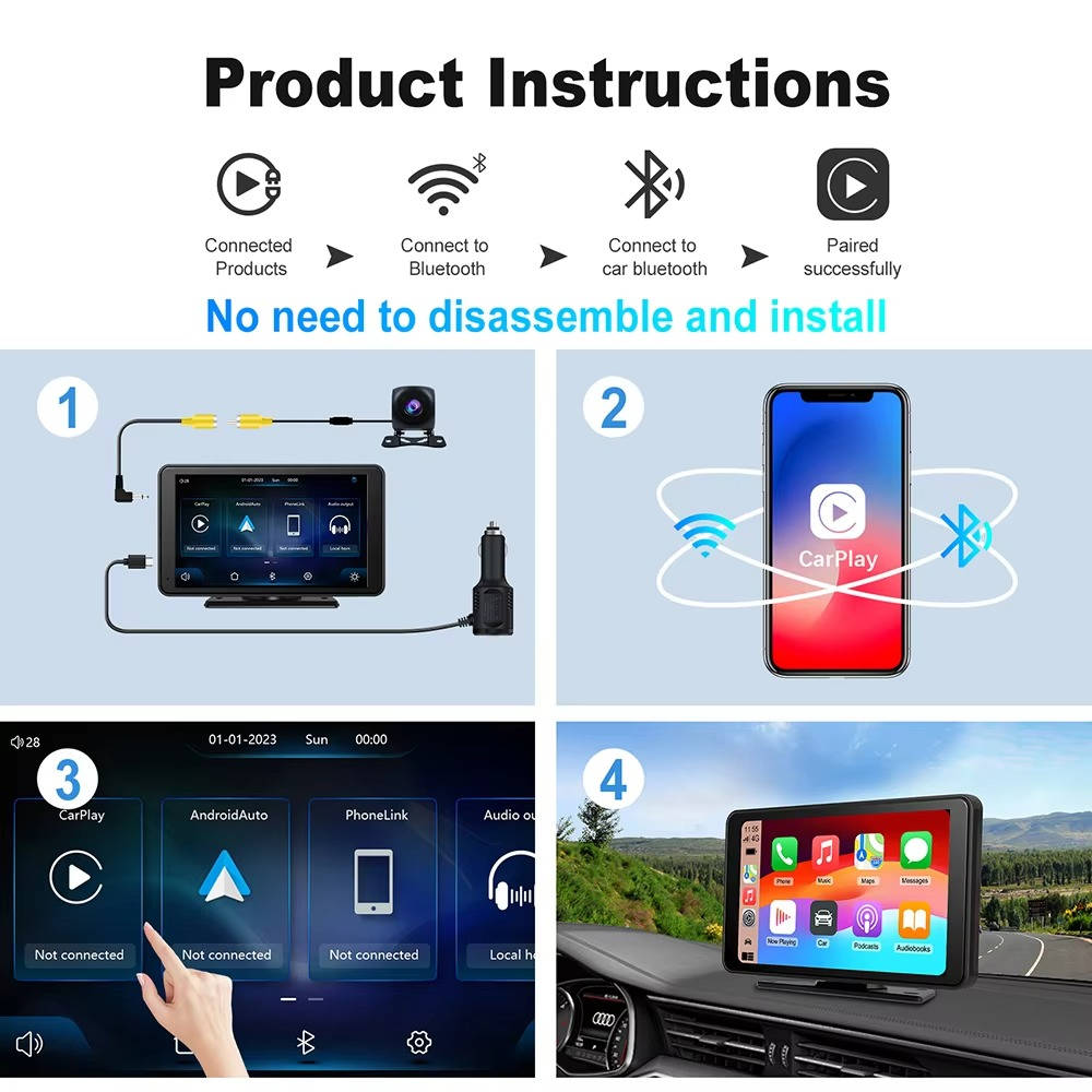 Olyyra - 7-Inch Wireless CarPlay Screen – Touchscreen, iPhone & Android Compatible, Voice Control, FM Transmitter, Rear Camera Input | Portable Dash Display for Cars, Trucks & SUVs