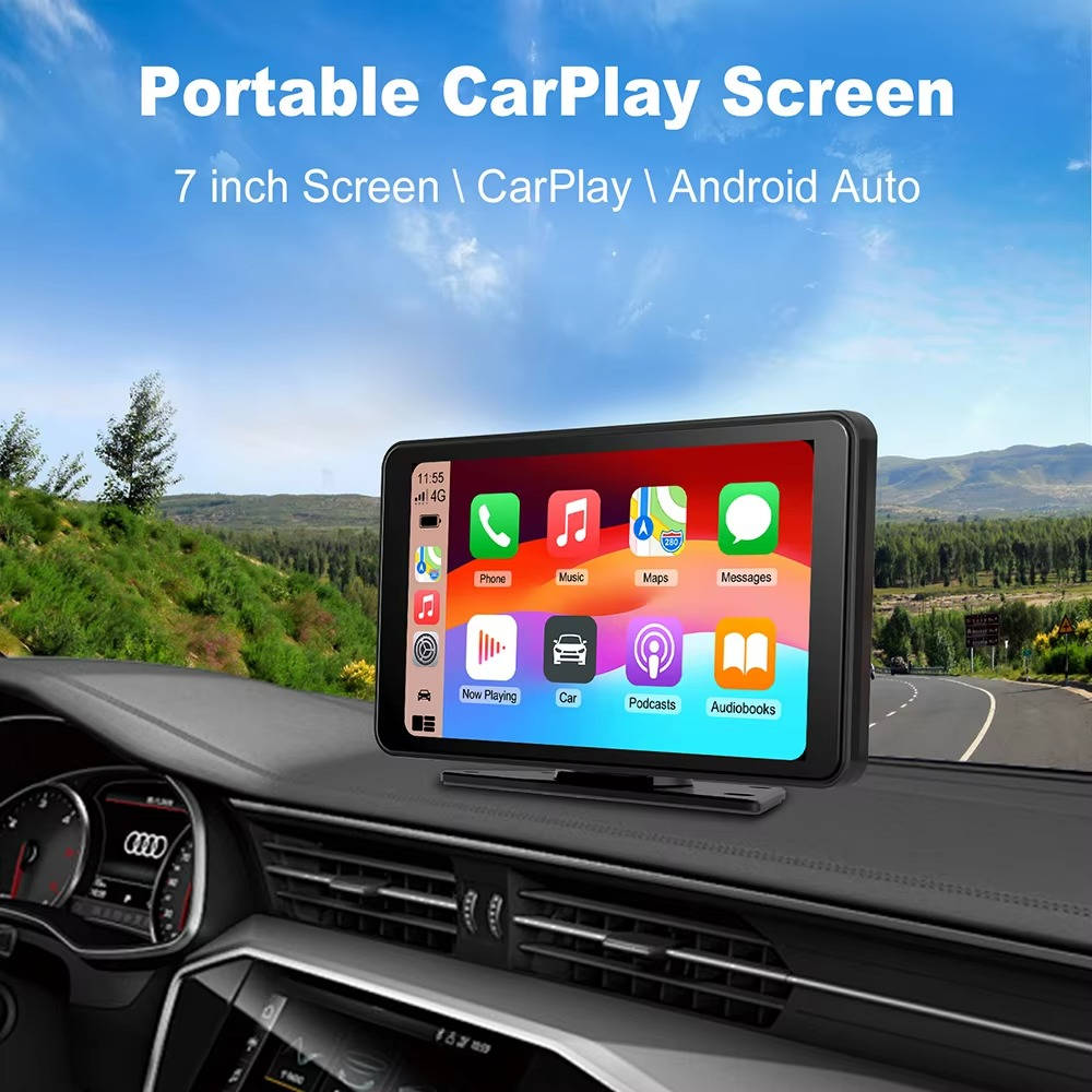 Olyyra - 7-Inch Wireless CarPlay Screen – Touchscreen, iPhone & Android Compatible, Voice Control, FM Transmitter, Rear Camera Input | Portable Dash Display for Cars, Trucks & SUVs