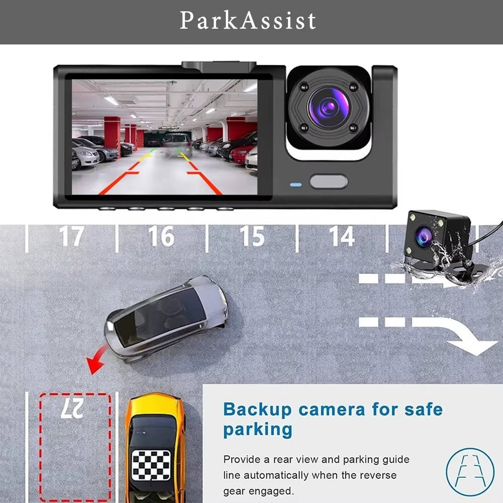 Olyyra 3-Channel Dash Cam Front Rear & Cabin – 1080P, 170° Wide Angle, 4 IR Night Vision Lights, Crash Detection & 24-Hour Parking Monitor with 2" Display