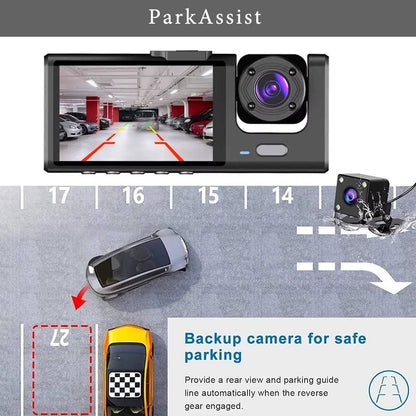 Olyyra 3-Channel Dash Cam Front Rear & Cabin – 1080P, 170° Wide Angle, 4 IR Night Vision Lights, Crash Detection & 24-Hour Parking Monitor with 2" Display