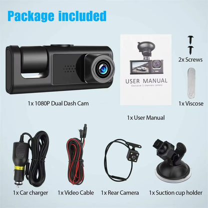 Olyyra 3-Channel Dash Cam Front Rear & Cabin – 1080P, 170° Wide Angle, 4 IR Night Vision Lights, Crash Detection & 24-Hour Parking Monitor with 2" Display