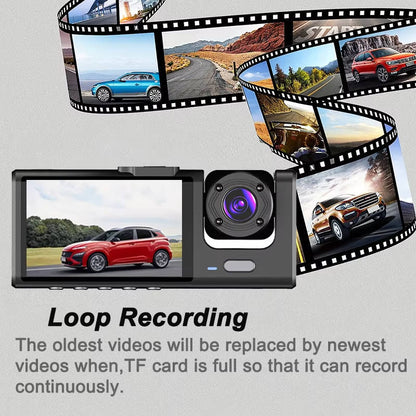 Olyyra 3-Channel Dash Cam Front Rear & Cabin – 1080P, 170° Wide Angle, 4 IR Night Vision Lights, Crash Detection & 24-Hour Parking Monitor with 2" Display