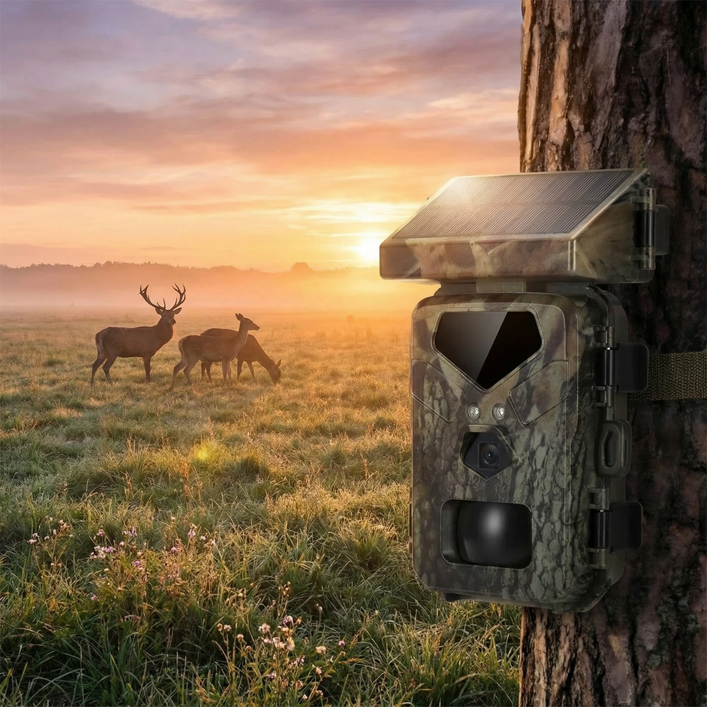 Olyyra Solar Trail Camera – 20MP 1080P, 0.3s Trigger Speed, 850nm Night Vision to 65 ft, IP65 Waterproof for Wildlife Monitoring, Farm & Property Security