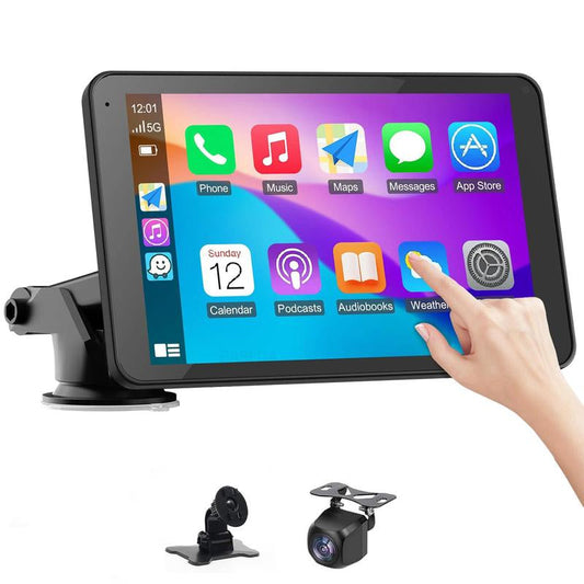 Olyyra - 7-Inch Wireless CarPlay Screen – Touchscreen, iPhone & Android Compatible, Voice Control, FM Transmitter, Rear Camera Input | Portable Dash Display for Cars, Trucks & SUVs