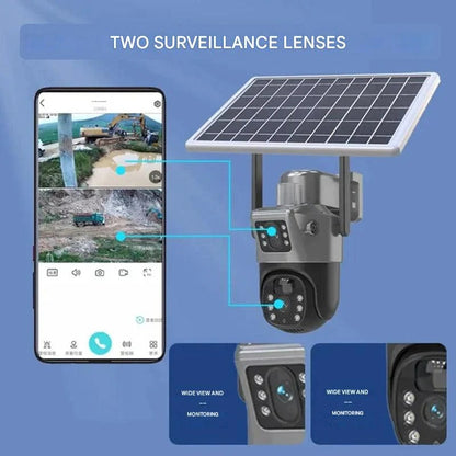 Olyyra 4K Dual-Lens Wireless Security Camera – 10x Optical Zoom, 360° App Control, AI Human Detection, 12,000mAh + Solar Panel, 4G & WiFi, IP66 | Remote & Home Surveillance