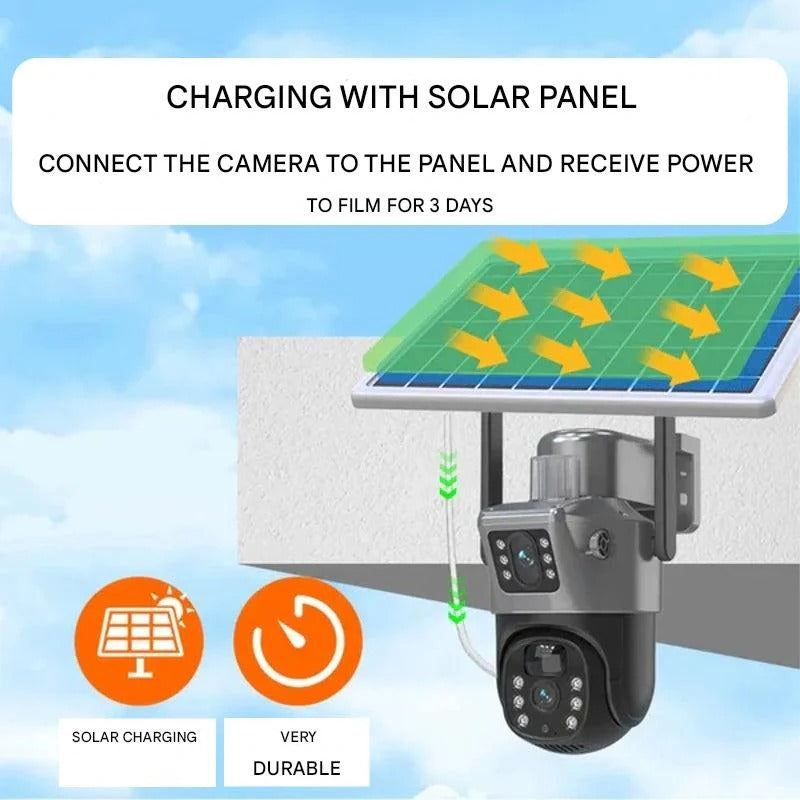 Olyyra 4K Dual-Lens Wireless Security Camera – 10x Optical Zoom, 360° App Control, AI Human Detection, 12,000mAh + Solar Panel, 4G & WiFi, IP66 | Remote & Home Surveillance