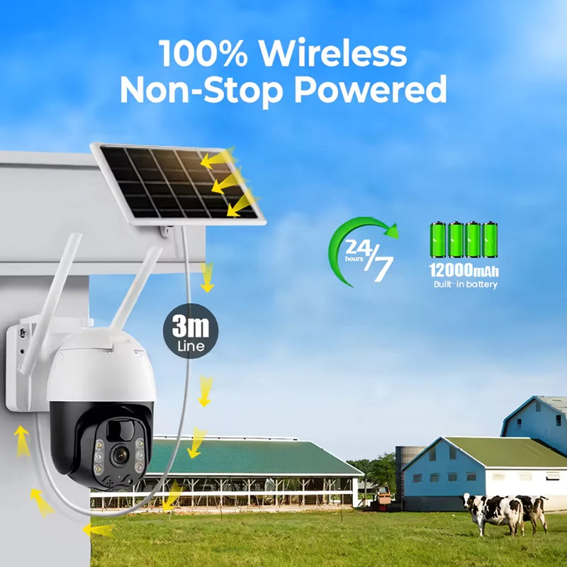 Olyyra 2K Solar PTZ Outdoor Security Camera – Auto-Tracking, 355° Pan, 90° Tilt, Color Night Vision, Siren Strobe, IP66 & 128GB Storage for 24/7 Property Surveillance