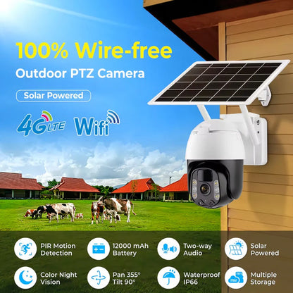 Olyyra 2K Solar PTZ Outdoor Security Camera – Auto-Tracking, 355° Pan, 90° Tilt, Color Night Vision, Siren Strobe, IP66 & 128GB Storage for 24/7 Property Surveillance