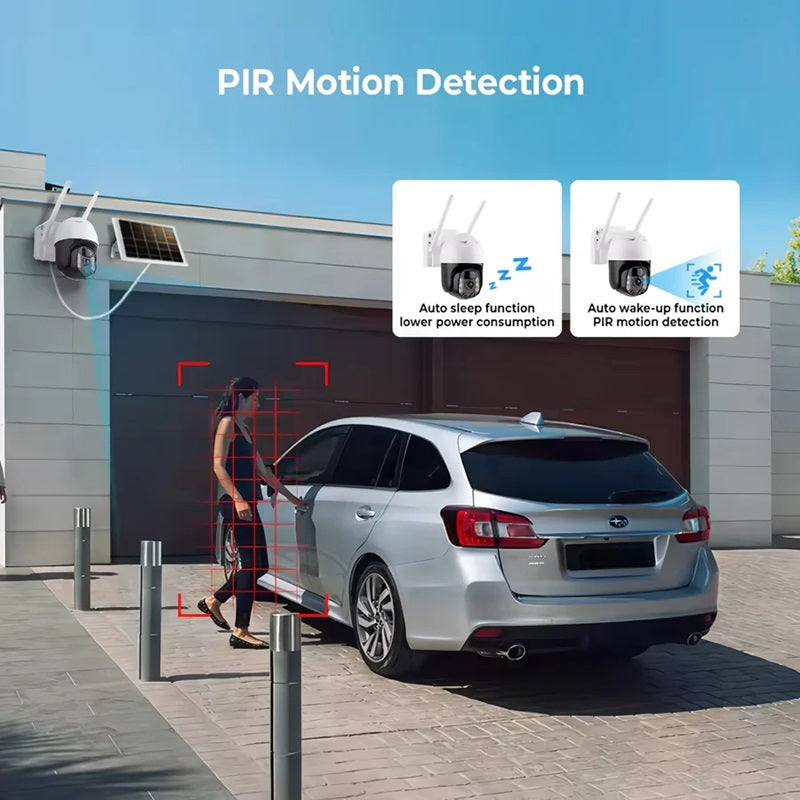 Olyyra 2K Solar PTZ Outdoor Security Camera – Auto-Tracking, 355° Pan, 90° Tilt, Color Night Vision, Siren Strobe, IP66 & 128GB Storage for 24/7 Property Surveillance