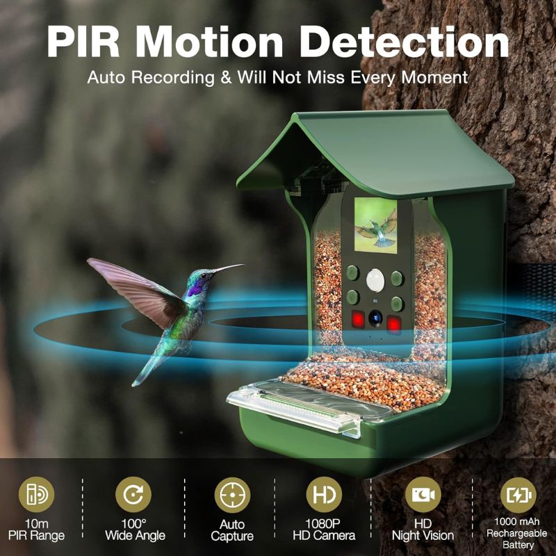 Olyyra Smart Bird Feeder with PIR Motion Detection Camera – 1080p HD Night Vision, 100° Wide Angle, Dual Feeding Troughs, Auto Capture | Backyard Bird Watching & Wildlife Camera